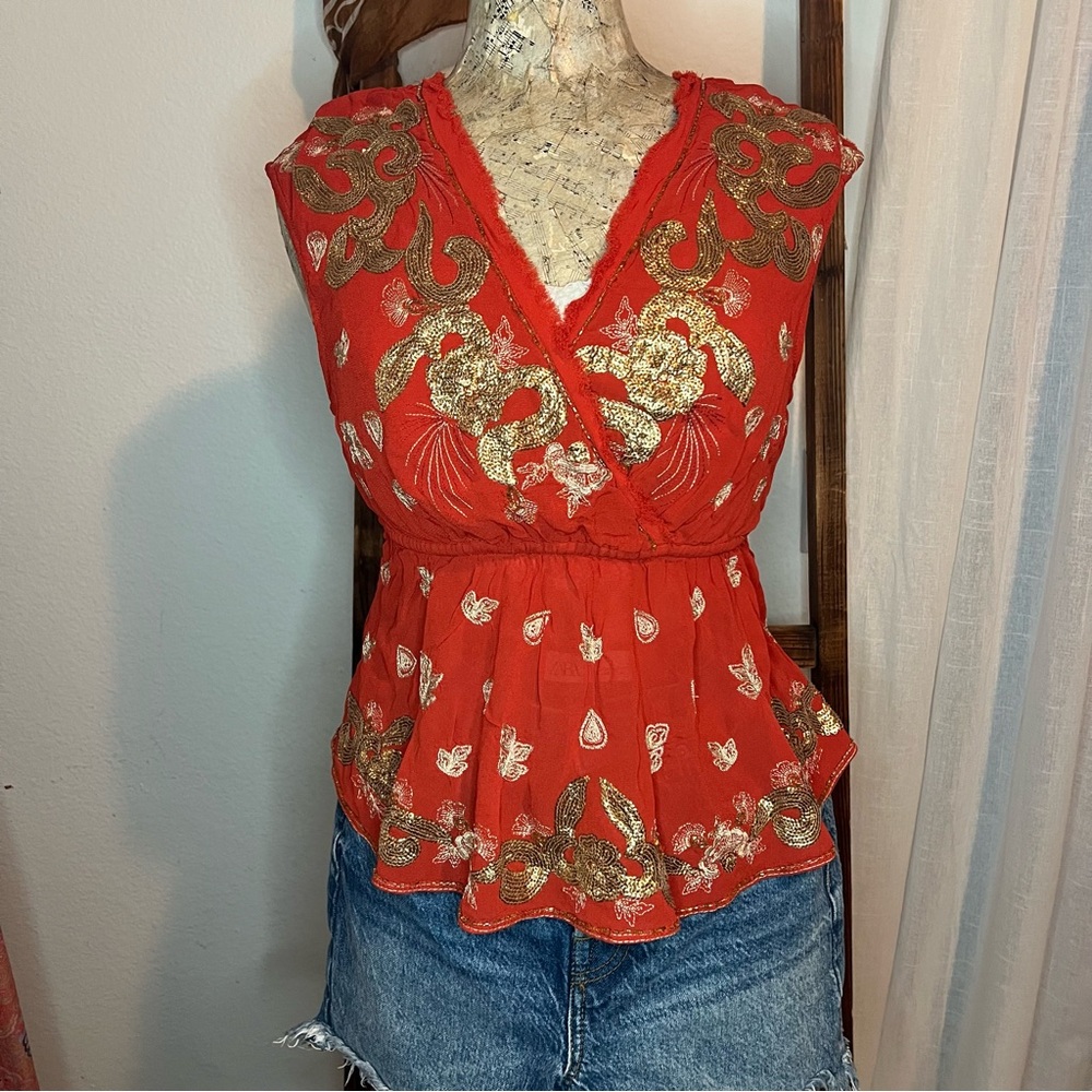 Free People Red Embroidered Gold Sequin Peplum Blouse